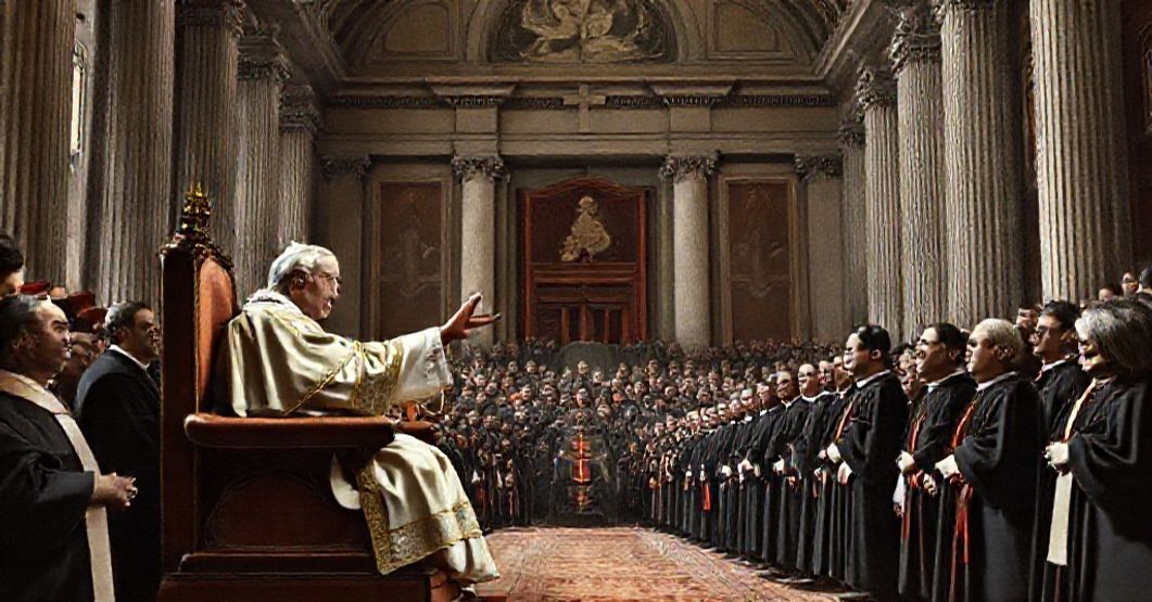 Depiction of John XXIII blessing the University of Ferrara during its 1963 inauguration ceremony, symbolizing the theological conflict between tradition and the conciliar revolution.