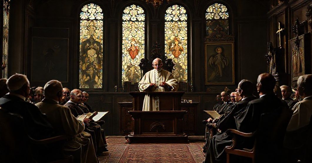 John XXIII addressing Vatican II preparatory commission with solemn intensity.