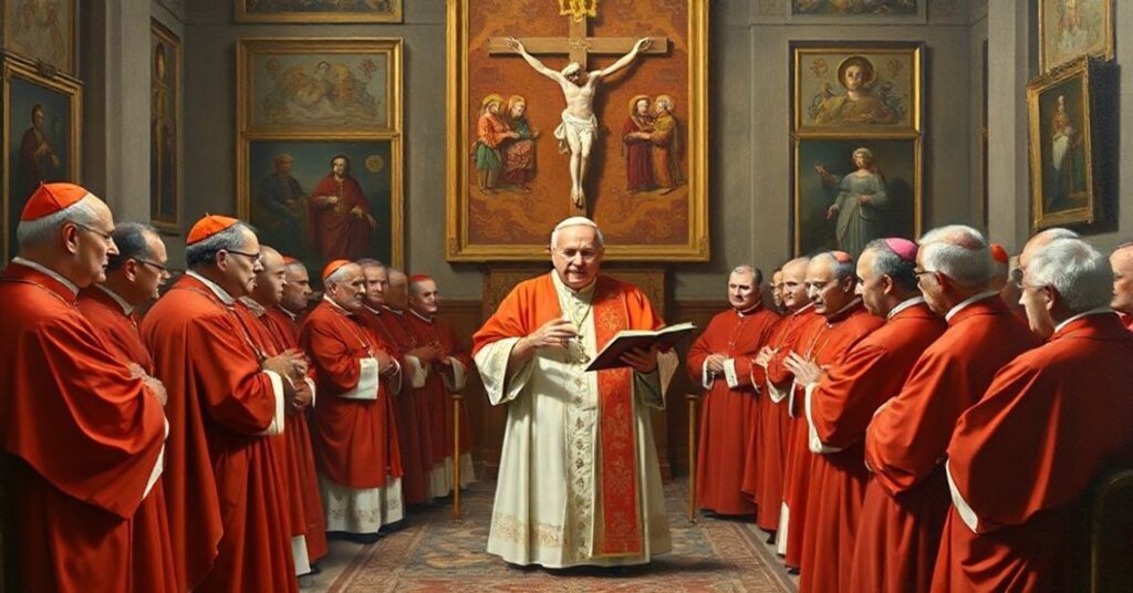 Oil painting of Pope John XXIII delivering his 1958 secret consistory allocution in the Apostolic Palace with newly created cardinals, including future Paul VI.
