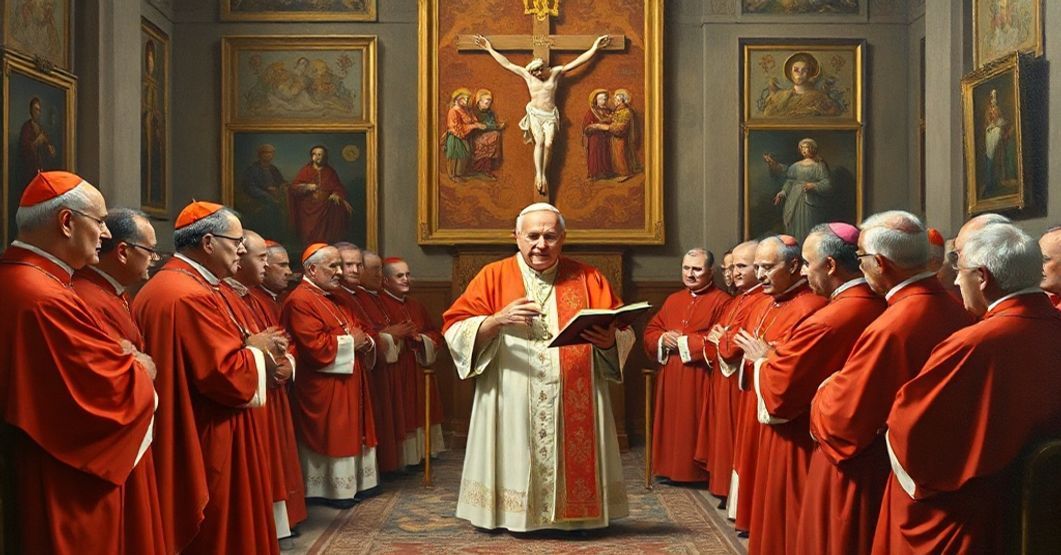 Oil painting of Pope John XXIII delivering his 1958 secret consistory allocution in the Apostolic Palace with newly created cardinals, including future Paul VI.