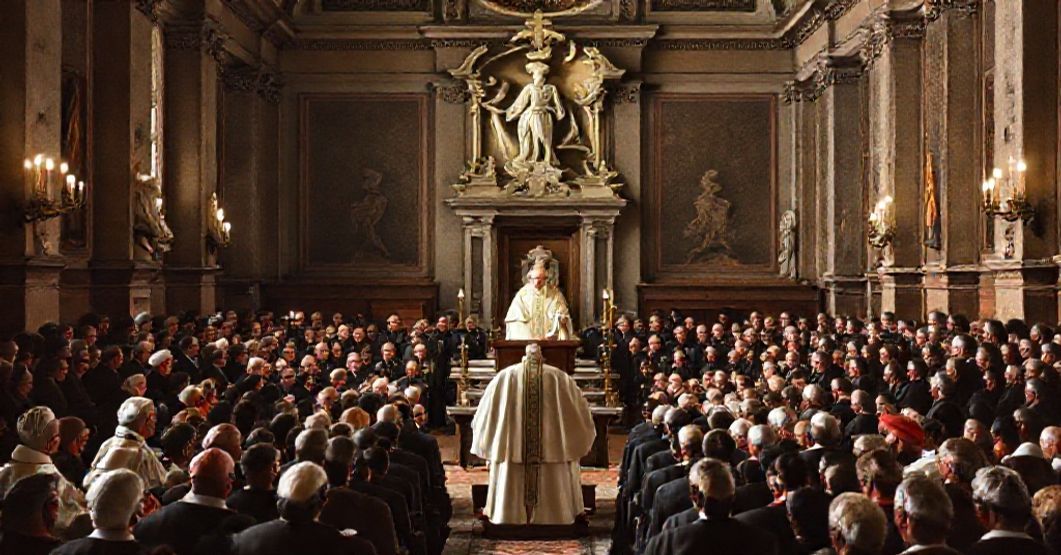 A traditional Catholic depiction of John XXIII delivering an allocution in the Pontifical Gregorian University in 1959, highlighting the themes of academic prestige and theological drift.