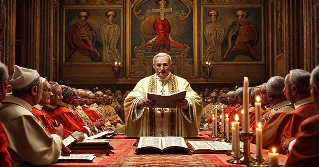 John XXIII's 1961 Allocution: A Turning Point Toward Apostasy A solemn depiction of John XXIII addressing the Central Commission preparing Vatican II in 1961, highlighting the false optimism and anthropocentric focus of his speech.