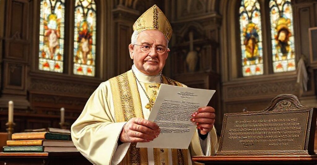 Antonio Caggiano, archbishop of Buenos Aires, receiving a letter of praise from John XXIII in a serene cathedral setting.