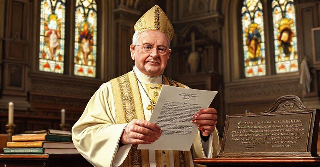 Antonio Caggiano, archbishop of Buenos Aires, receiving a letter of praise from John XXIII in a serene cathedral setting.