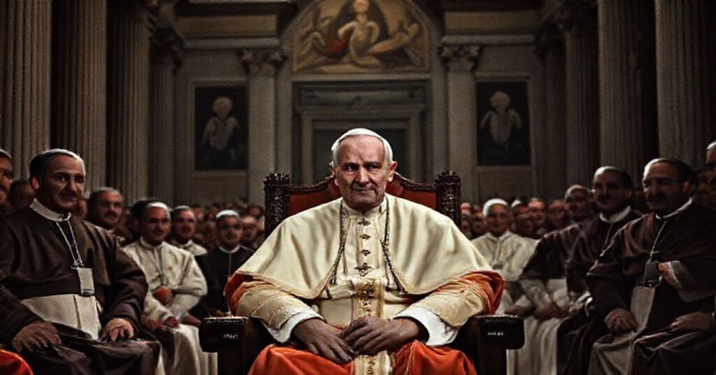 A somber depiction of John XXIII delivering his secret consistory allocution in 1958 within the Apostolic Palace, surrounded by new cardinals and faithful Catholics. The image captures the gravity and historical significance of the event.