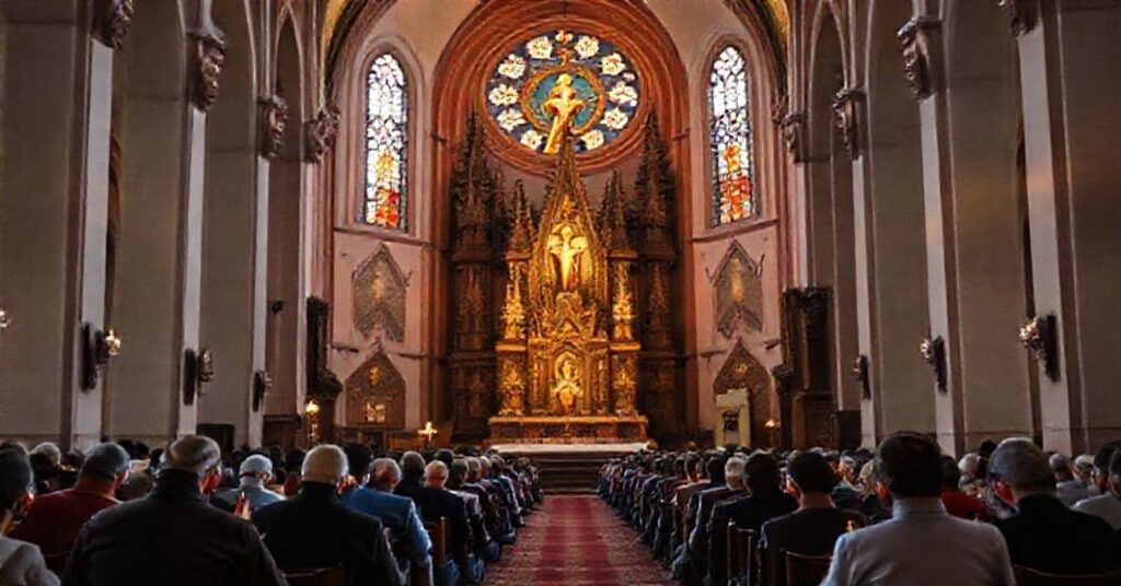 A reverent image of the Krakow church dedicated to the Sacred Heart of Jesus, showcasing its traditional Catholic architecture and devout congregation.