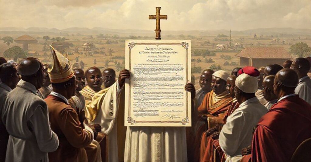 A traditional Catholic image depicting the erection of the Lagos Apostolic Delegation in 1960, set in a solemn ecclesiastical setting with a Latin document prominently displayed.