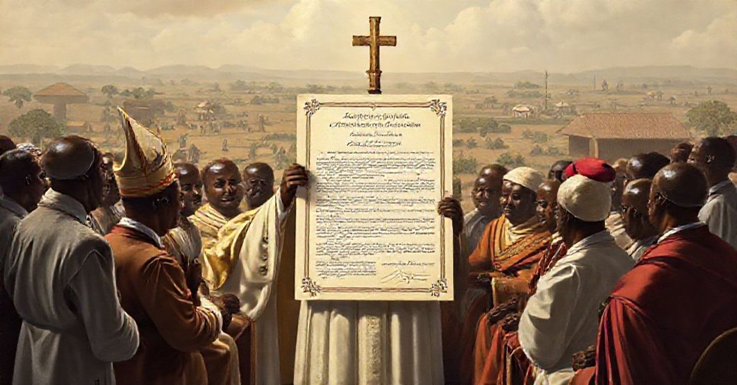 A traditional Catholic image depicting the erection of the Lagos Apostolic Delegation in 1960, set in a solemn ecclesiastical setting with a Latin document prominently displayed.