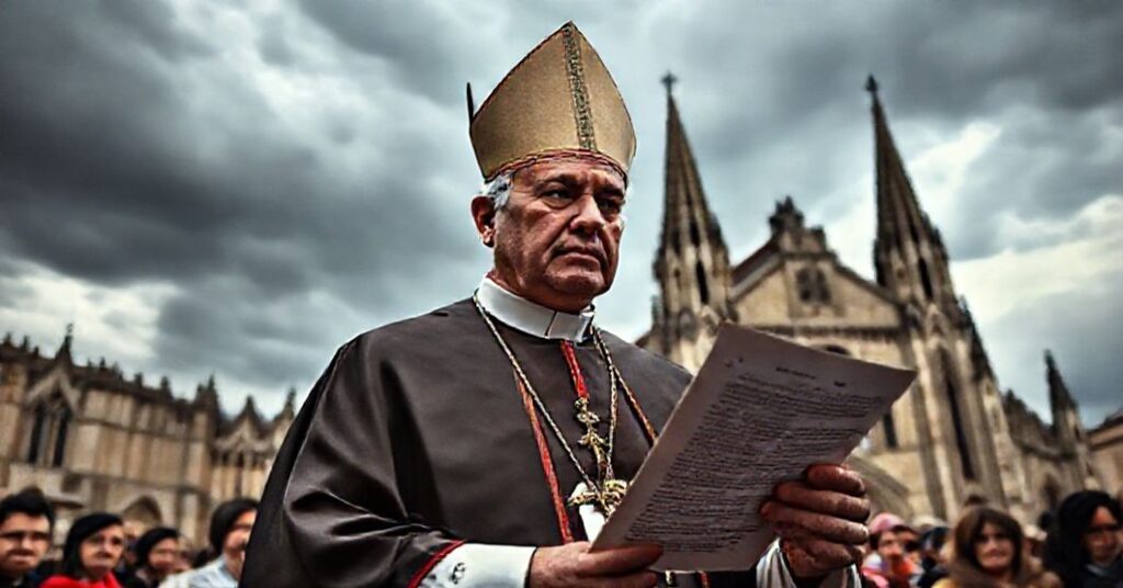 A Latin American bishop in traditional vestments contemplates the 'Ad Dilectos' circular letter before an ancient cathedral, reflecting the spiritual turmoil within the Church.