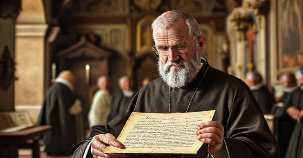 Louis Severin Haller receiving a letter from antipope John XXIII in a traditional Catholic setting, marking the ninth centenary of the 1059 Lateran Synod.