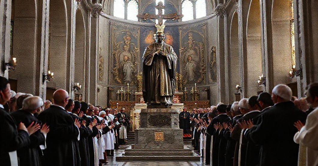 A bronze statue of Giovanni Battista Roncalli (John XXIII) in the Madonna del Bosco sanctuary with Cardinal Montini and devout Catholics.