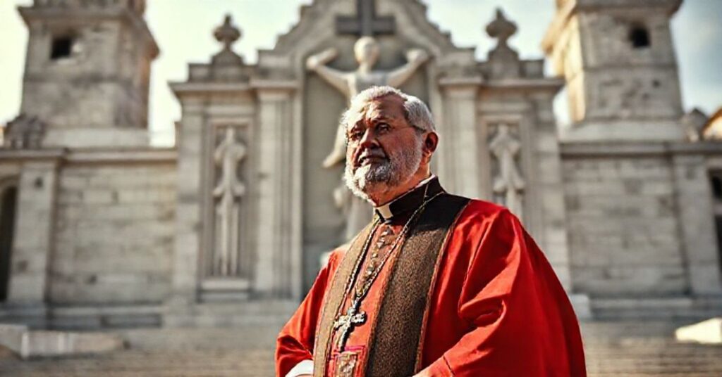 Manuel Gonçalves Cerejeira, Patriarch of Lisbon, stands solemnly before the Christ the King monument in Lisbon, Portugal.