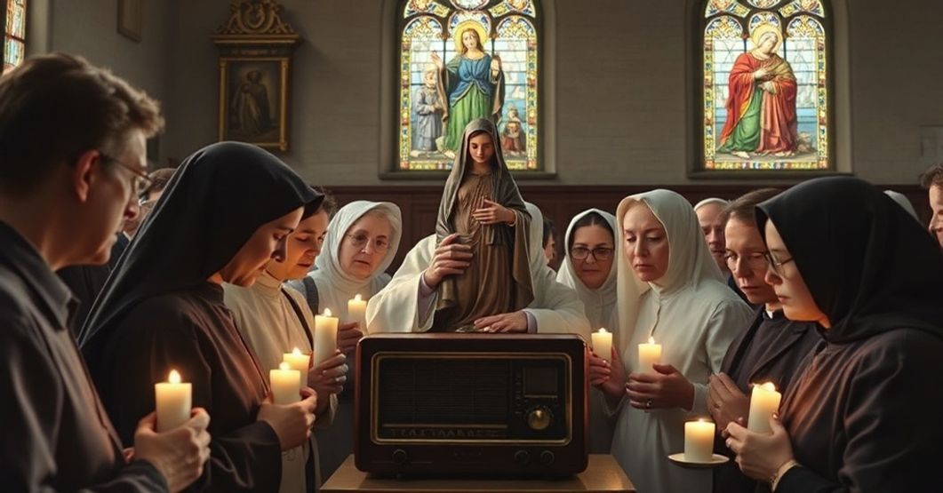 A solemn gathering of Marian Congregations in Novara, Italy, 1959, reflecting traditional Catholic piety and devotion to the Blessed Virgin Mary.