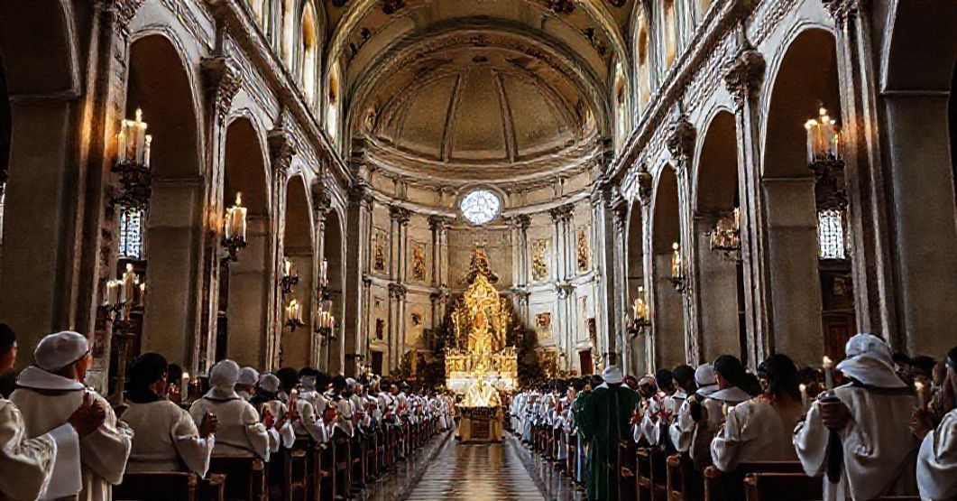 Traditional Marian Devotion in Padua Amid Conciliar Changes Church of Our Lady of Mount Carmel in Padua during a solemn Marian procession, capturing traditional Catholic devotion and historic architecture