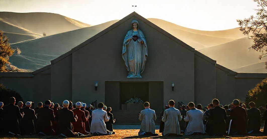 Marian Patronage of Oudtshoorn: A Traditional Catholic Perspective Statue of the Immaculate Heart of Mary protecting the Diocese of Oudtshoorn with faithful Catholics in prayer.