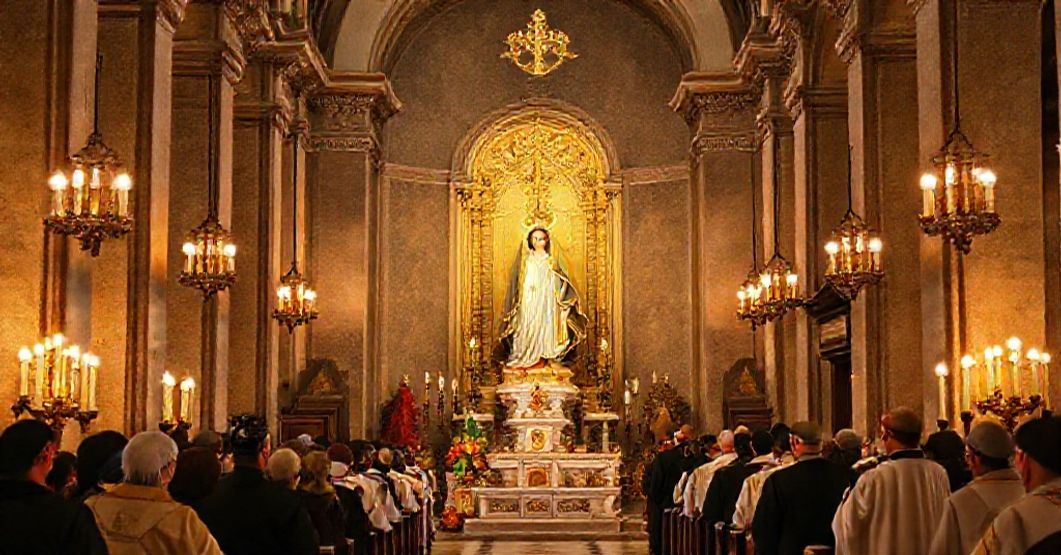 The Marian Sanctuary 'Madonna del Bosco' in Imbersago A detailed depiction of the Marian sanctuary 'Madonna del Bosco' in Imbersago, Italy, showcasing its basilica dignity granted by John XXIII, with traditional Catholic iconography and devout pilgrims.