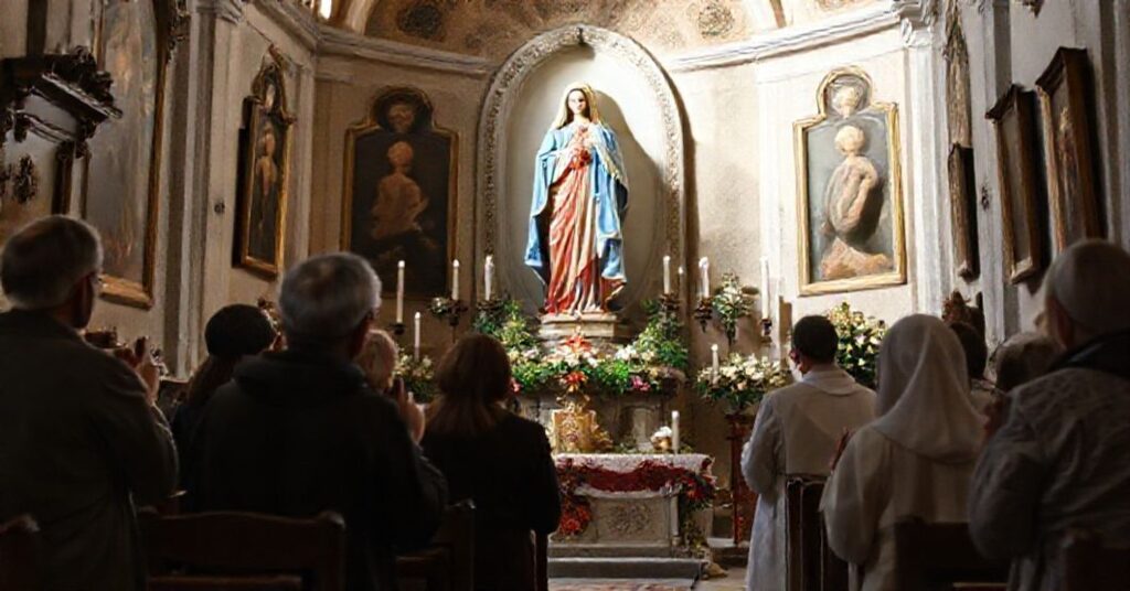 A serene and devotional image of the Marian shrine of Madonna del Bosco in Imbersago, Italy, reflecting its status as a Minor Basilica and its significance in traditional Catholic devotion.