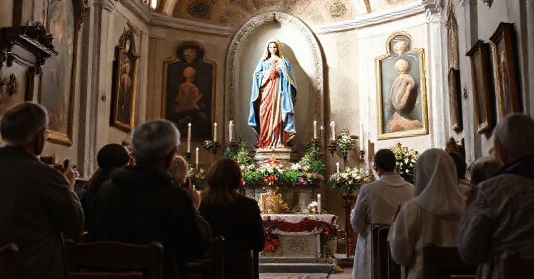 A serene and devotional image of the Marian shrine of Madonna del Bosco in Imbersago, Italy, reflecting its status as a Minor Basilica and its significance in traditional Catholic devotion.