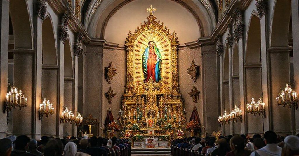 A solemn Catholic basilica in Quito, Ecuador, featuring the image of the Virgin Mary 'Del Quinche' with rich liturgical ornaments and devout pilgrims.