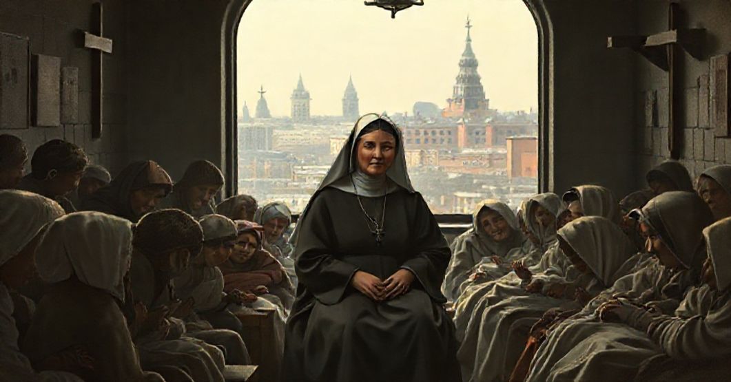 Marie-Marguerite d'Youville and the Poor in Montreal Solemn portrait of Marie-Marguerite d'Youville with the poor and sick in a Montreal hospital.