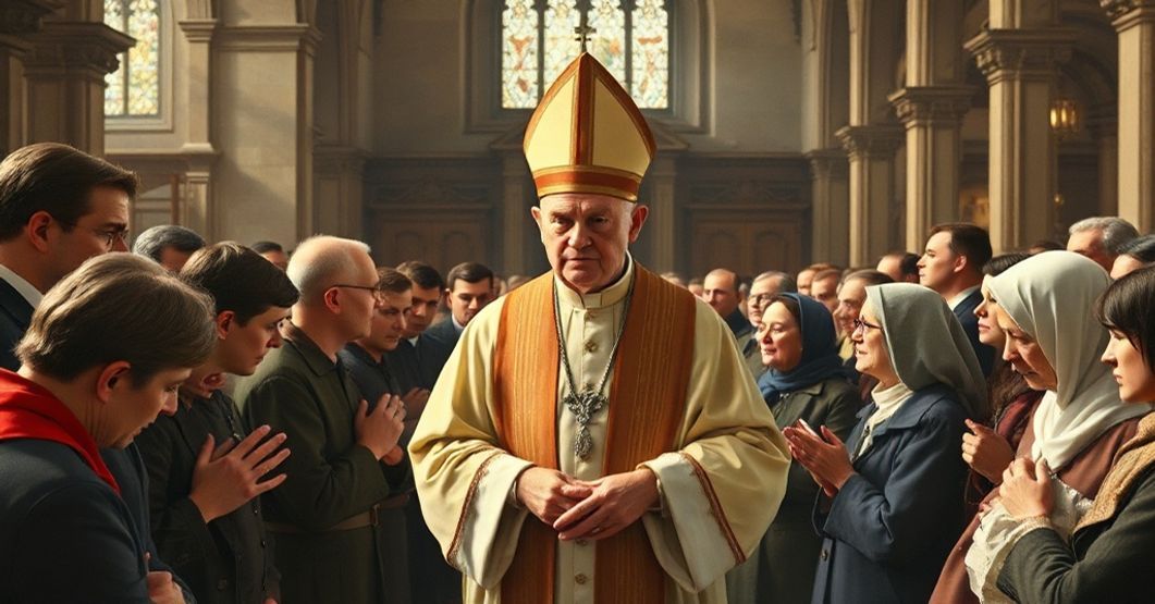 Melchior Giedraitis and the Persecuted Faithful of Lithuania A reverent depiction of Bishop Melchior Giedraitis and persecuted Lithuanian faithful in a traditional Catholic setting, reflecting the themes of fidelity and catechesis from John XXIII's 1959 letter.