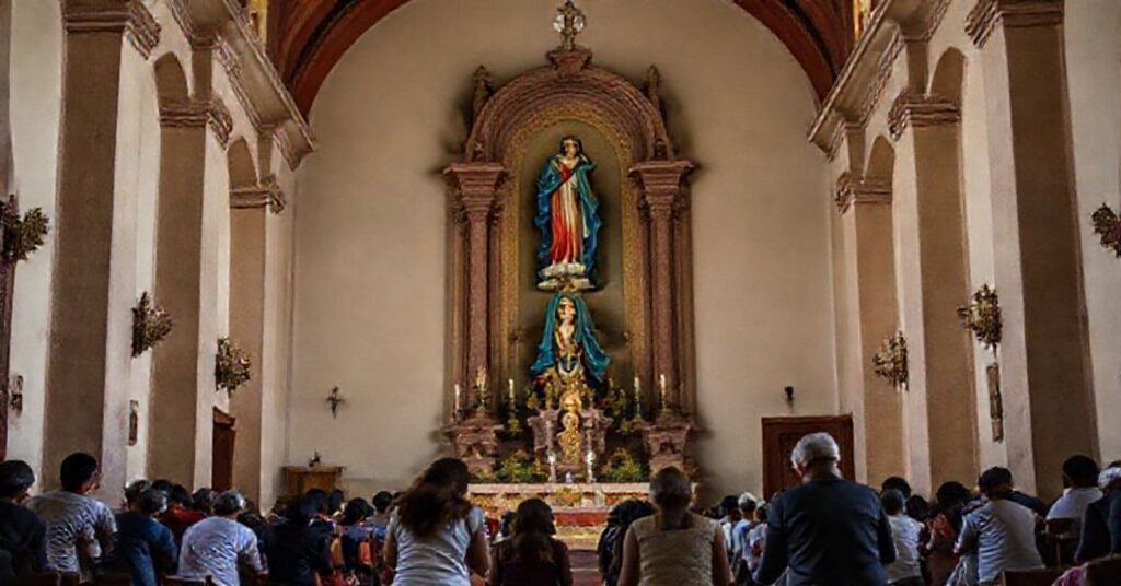 Minor Basilica of Nuestra Señora de la Soledad in Oaxaca, Mexico, with a devout Catholic family praying in the foreground.