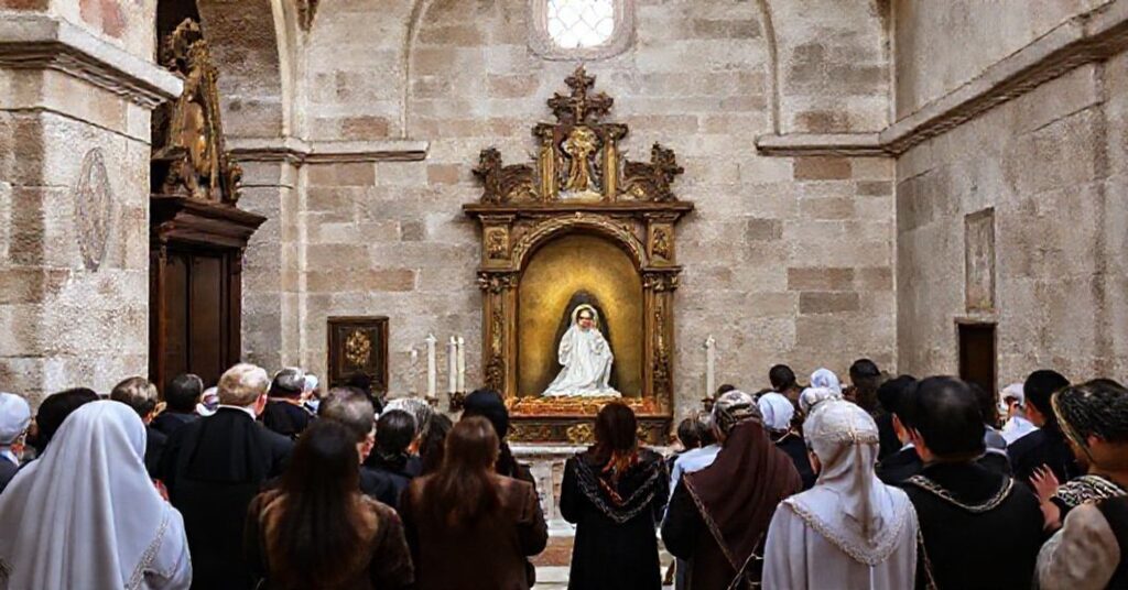 A reverent Catholic scene of the Minor Basilica of St. Thérèse of the Child Jesus in Anzio, Italy, with pilgrims in traditional attire praying before the reliquary containing her relics.
