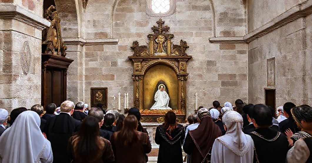 A reverent Catholic scene of the Minor Basilica of St. Thérèse of the Child Jesus in Anzio, Italy, with pilgrims in traditional attire praying before the reliquary containing her relics.