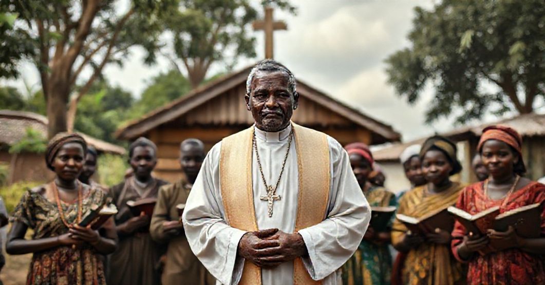 Traditional Catholic missionary priest in Nigeria, 1960, surrounded by African Catholics in front of a simple wooden church.