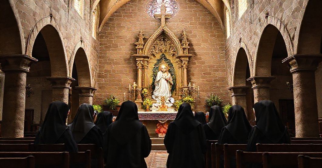 Traditional Catholic abbey in Australia with monks venerating the Blessed Virgin Mary of Good Counsel and Saint Benedict.