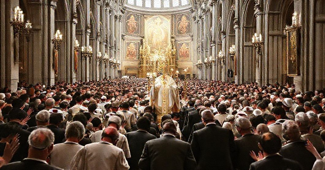 A reverent depiction of the 37th International Eucharistic Congress in Munich, 1960, led by Archbishop Joseph Wendel. The scene captures traditional Catholic devotion and the sacredness of the Eucharist.