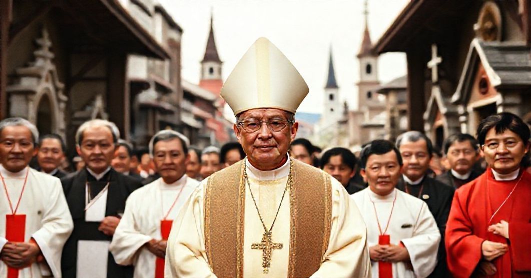 A reverent depiction of Archbishop Paul Aijro Yamaguchi in Nagasaki's archdiocese in 1959, surrounded by clergy and laity amidst historic Catholic churches and martyrdom sites.