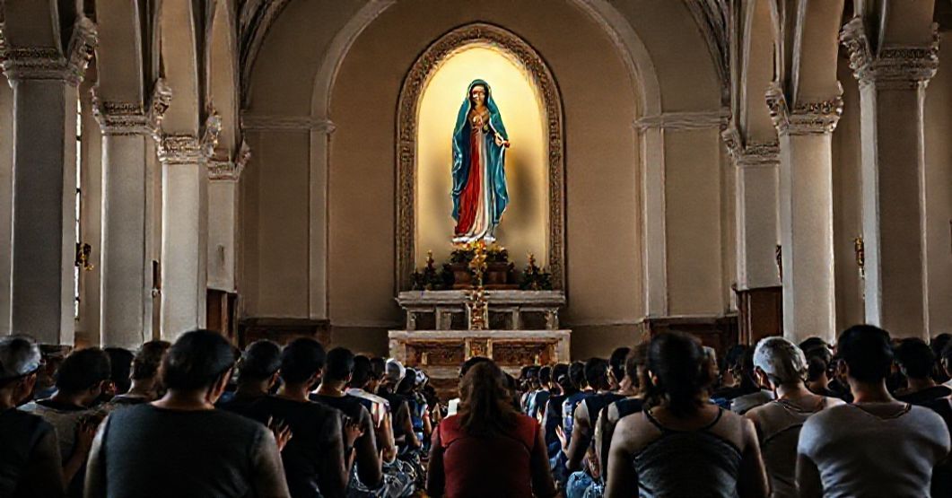 A reverent image of the Church of Nossa Senhora da Ponte in Sorocaba, Brazil, with a traditional statue of the Blessed Virgin Mary at its center. Faithful kneel in prayer, reflecting both devotion and sorrow over the usurpation of Marian titles by the conciliar intruder.