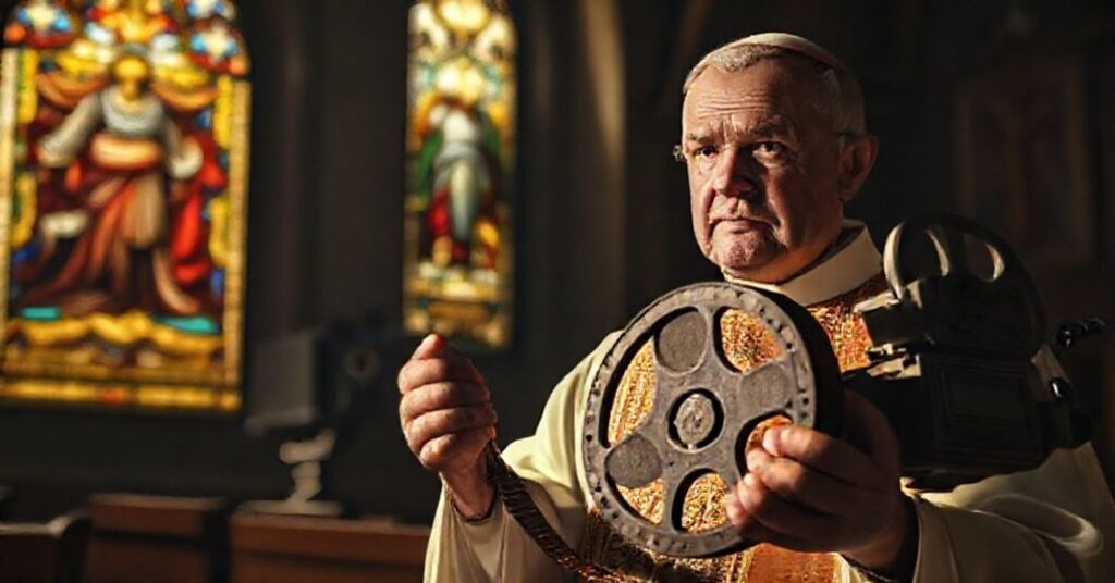 A traditional Catholic priest in a church with old film reel reflecting moral dangers of cinema in Nostra Patris 1961.