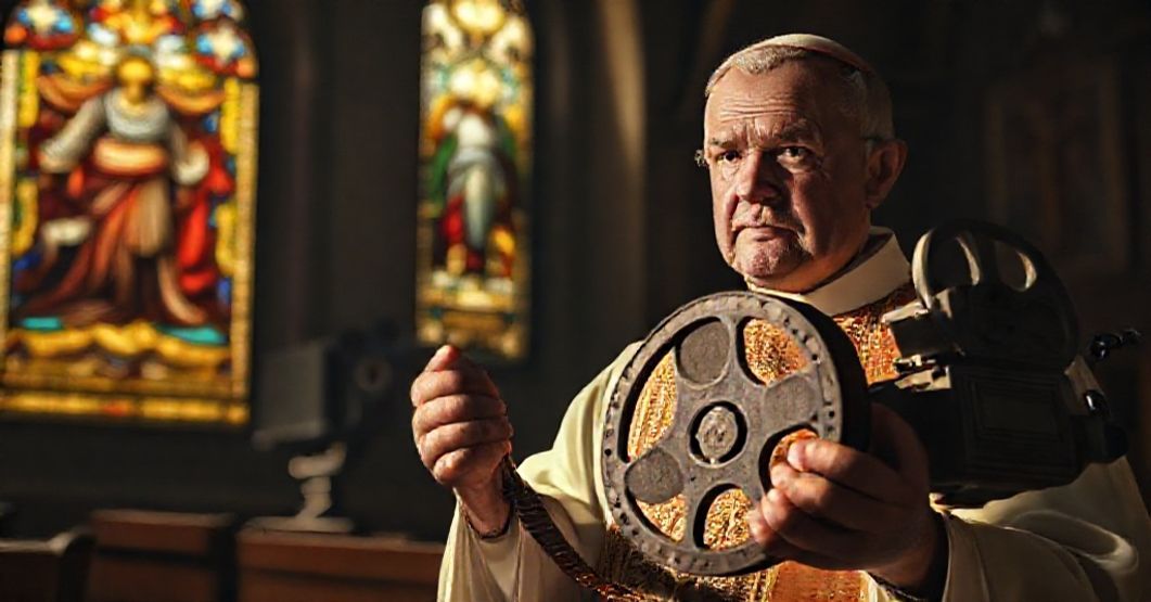 A traditional Catholic priest in a church with old film reel reflecting moral dangers of cinema in Nostra Patris 1961.