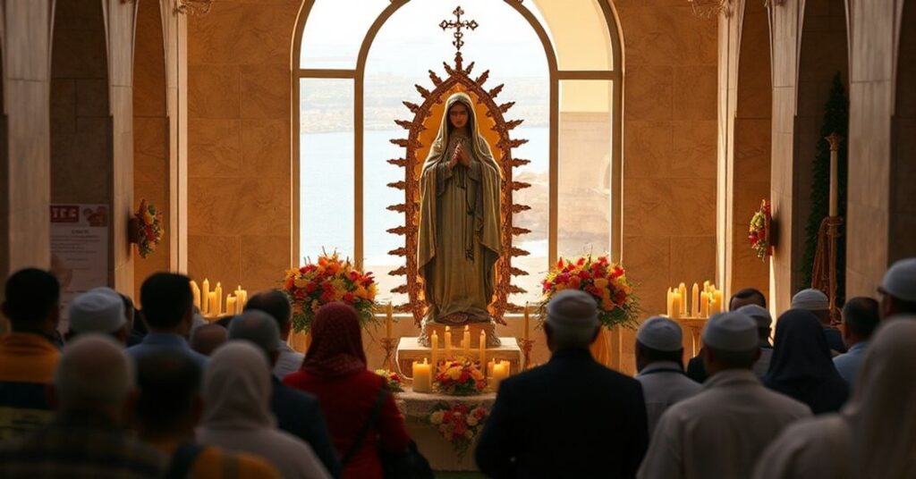 A traditional Catholic scene depicting the shrine of 'Notre-Dame d'Afrique' in Algiers with pilgrims visiting the Marian statue.