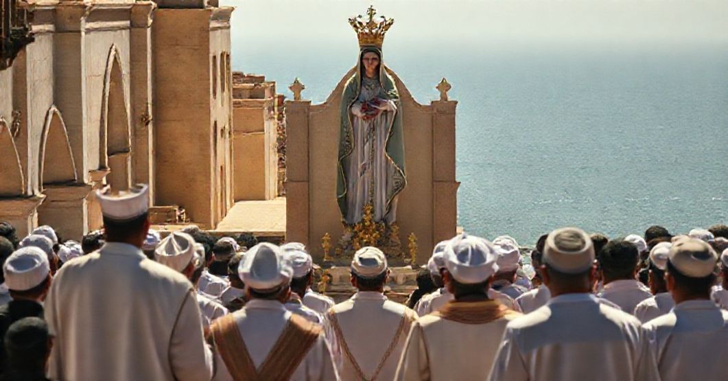 Notre-Dame d'Afrique: A Symbol of True Marian Devotion Reverent gathering of Catholics and Muslims at Notre-Dame d'Afrique Basilica in Algiers, under the crowned statue of Our Lady of Africa.