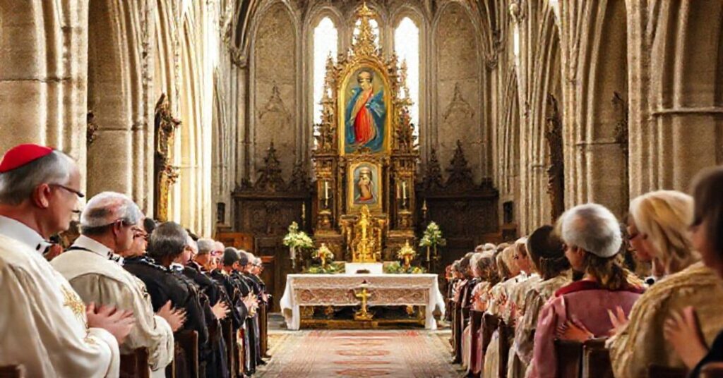 Historical church of Notre Dame de Joie in Pontivy, France, during a solemn ceremony conferring the title of minor basilica by John XXIII.