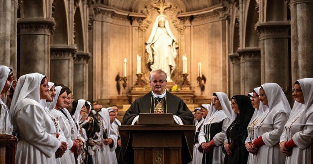 Archbishop Józef Gawlina and Marian sodality members in a historic cathedral during John XXIII's 1959 message to Marian sodalities in Novara.
