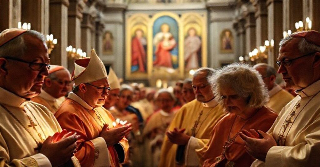 Catholic novena gathering in St. Peter's Basilica for the Second Vatican Council, with bishops in traditional liturgical vestments praying solemnly.