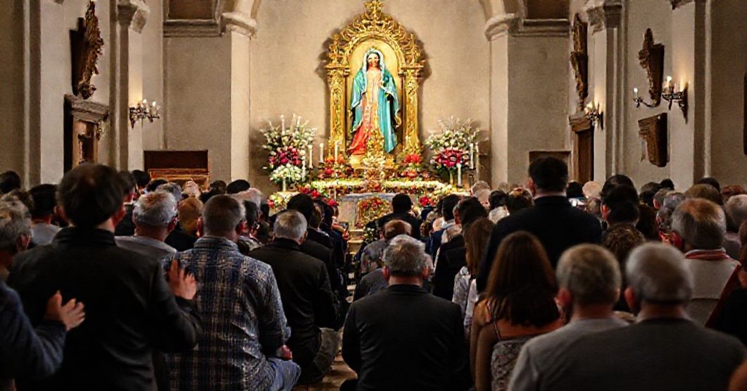 Devout Catholic pilgrims kneel before the crowned image of Nuestra Señora de El Soto in Iruz, Toranzo, Spain.