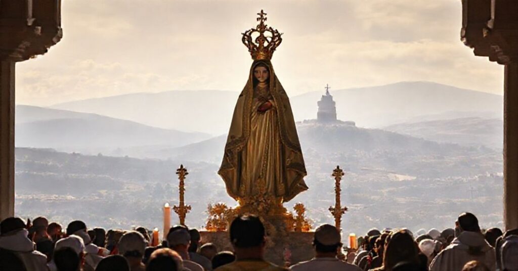 The shrine of Nuestra Señora de la Cabeza in Jaén, Spain, with pilgrims and a golden-crowned statue of the Virgin Mary.
