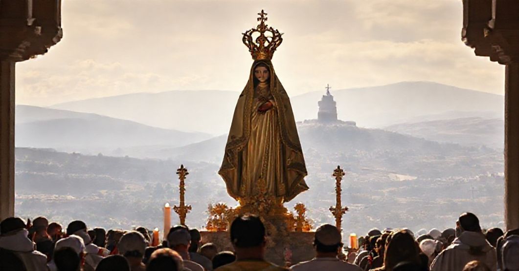 The shrine of Nuestra Señora de la Cabeza in Jaén, Spain, with pilgrims and a golden-crowned statue of the Virgin Mary.
