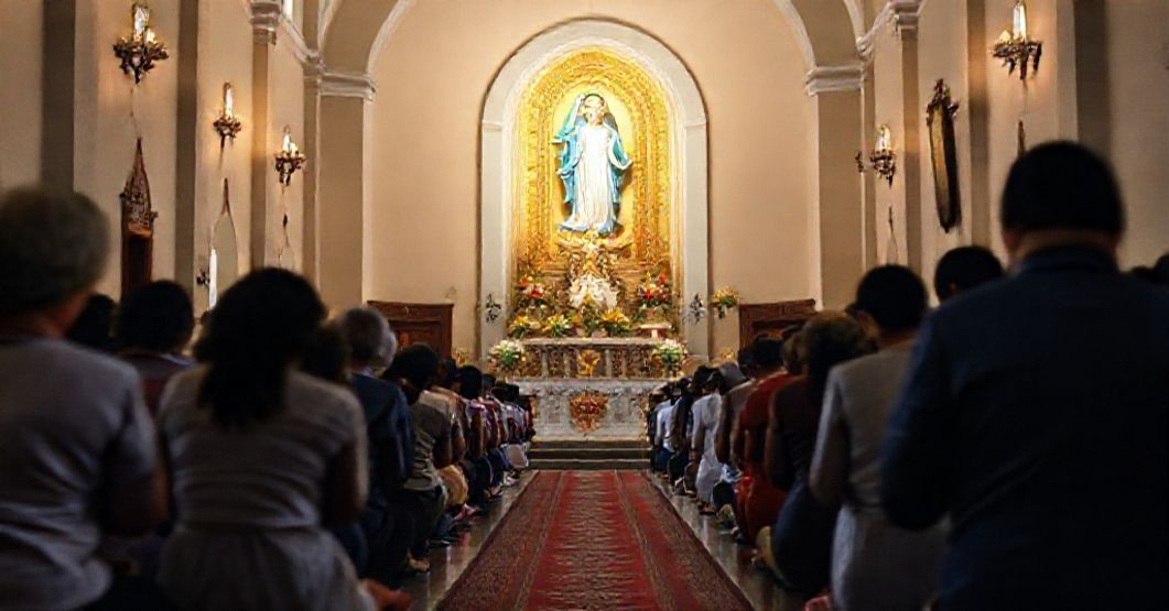 Traditional Catholic Devotion at Nuestra Señora de la Consolación Shrine A reverent depiction of the Marian shrine 'Nuestra Señora de la Consolación' in Táriba, Venezuela, with pilgrims praying before the miraculous image of the Virgin Mary.