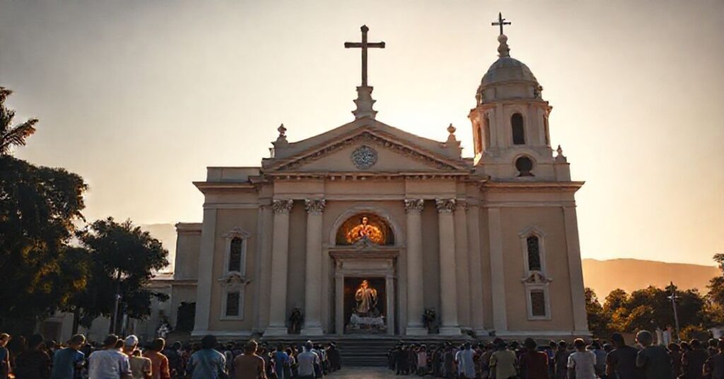 Marian sanctuary of Nuestra Señora de la Consolación in Táriba, Venezuela, with pilgrims praying before the revered image of Our Lady.