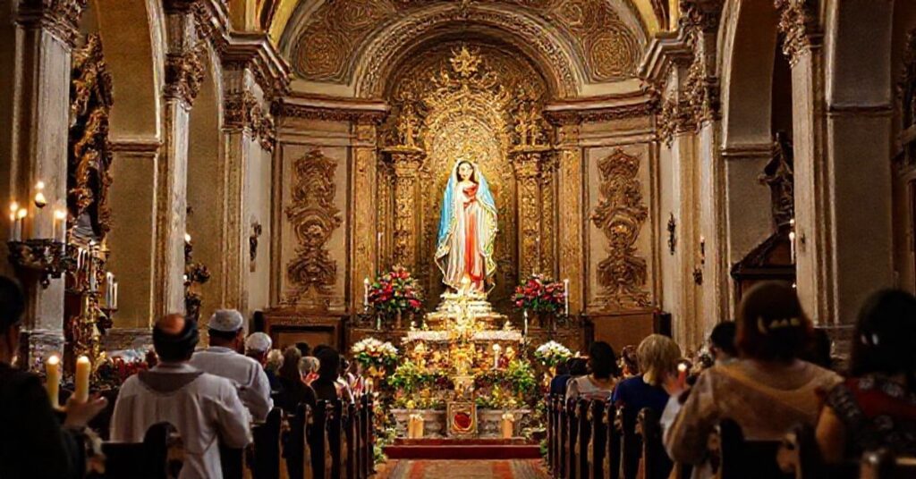 A reverent depiction of the historic Shrine of Nuestra Señora de la Soledad in Oaxaca, Mexico, elevated to a Minor Basilica, showcasing traditional Catholic devotion and Marian piety.
