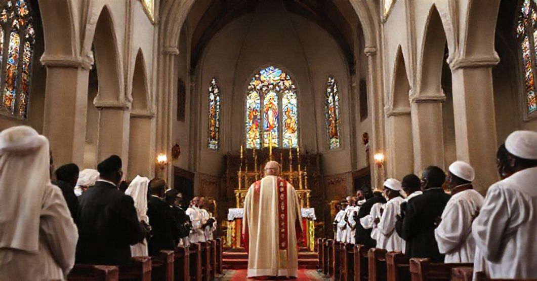 Bishop Marcel Lefebvre and Missionaries of Africa in the cathedral of Immaculate Heart of Mary in N'Zérékoré, Guinea, reflecting traditional Catholic faith amid modernist shifts.