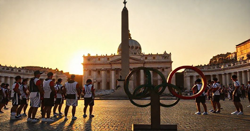A somber image of St. Peter's Square with Olympic athletes gathered near the Vatican obelisk, symbolizing the tension between athletic glory and divine witness.