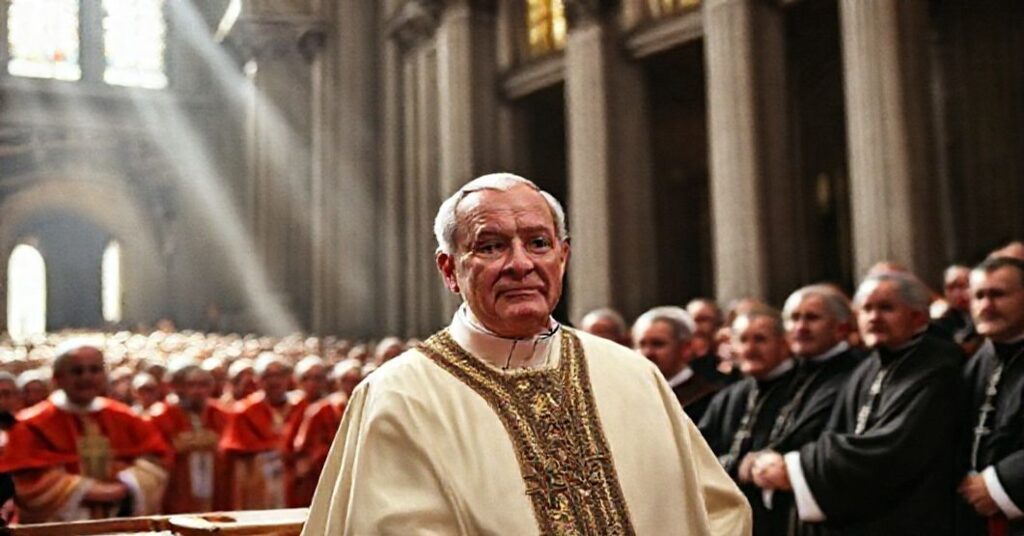 A reverent depiction of St. Peter's Basilica during the opening of the Second Vatican Council, with John XXIII and cardinals in traditional vestments.