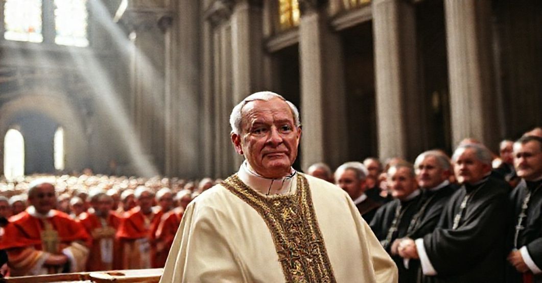 A reverent depiction of St. Peter's Basilica during the opening of the Second Vatican Council, with John XXIII and cardinals in traditional vestments.